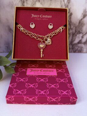 Juicy Couture Necklace Bracelet Earrings Set Gold Tone Heart Key Charm Gift Box